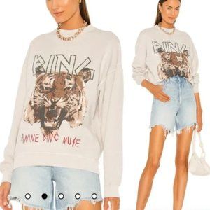 Anine Bing Beige Tiger Printed Graphic Crewneck Sweatshirt Size Large